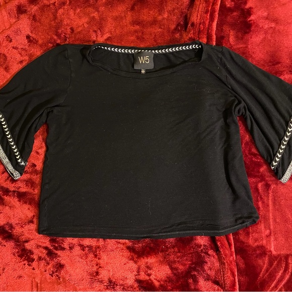 Anthropologie W5 Knit Top Black Bell Sleeve embroidery Tribal Trim Cropped Sz S - Picture 6 of 13